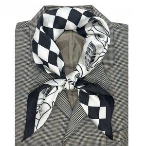 ⭐Black White Checkered Silky Satin Scarf Figural Print Luxury Square Fashion New